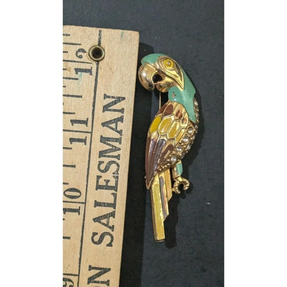 Vintage Parrot Bird Brooch Enamel Rhinestone Gold Tone Tropical‎ Animal Pin 2